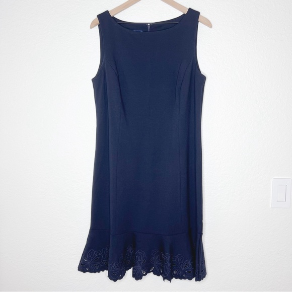 Talbots RSVP Embroidered Flounce Sheath Dress Navy Ponte Sleeveless size 12 NEW - Picture 10 of 10